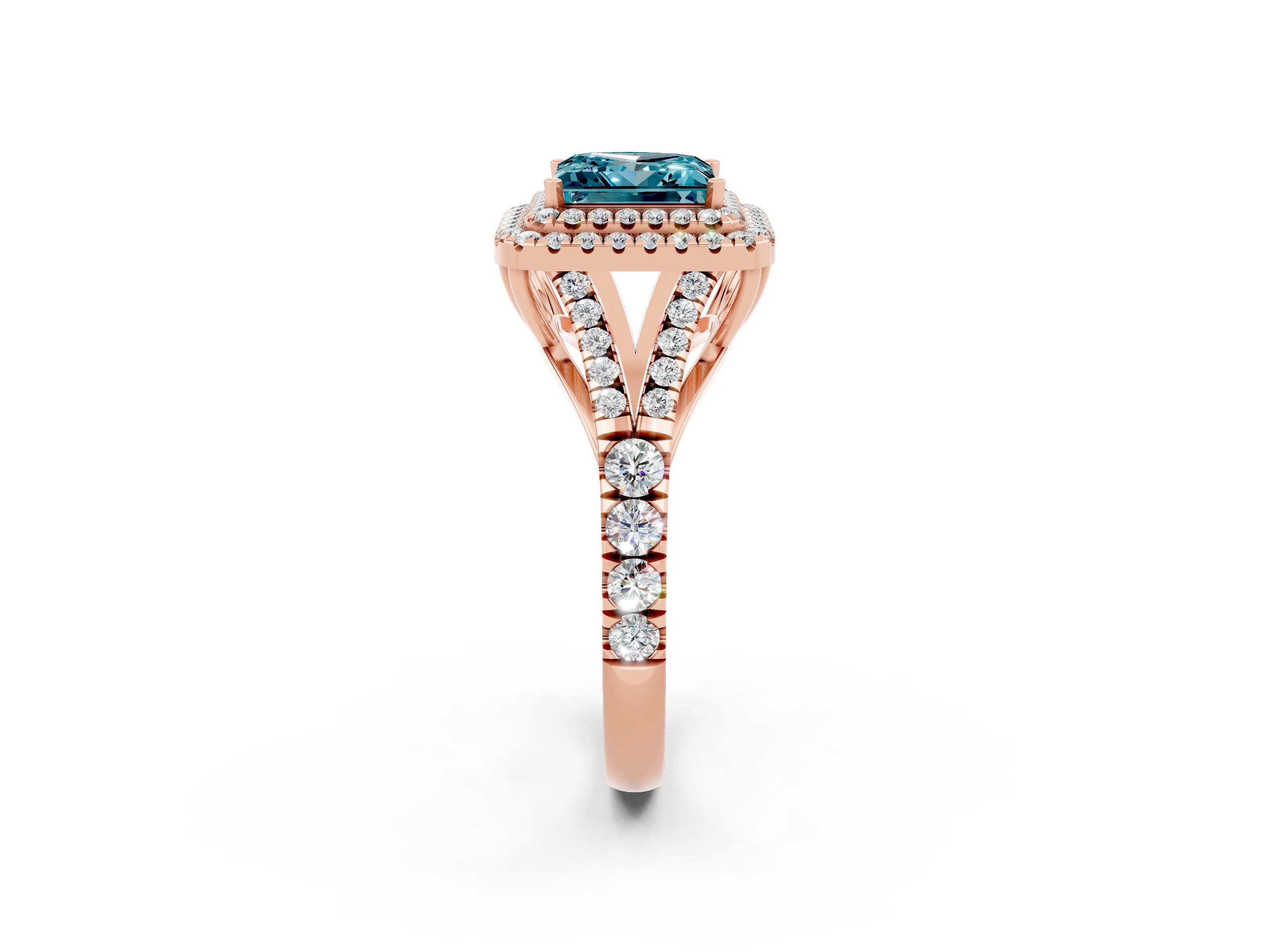 Rose gold Princess Cut Blue Topaz Double Halo Ring with Split Shank and Prong Setting_14