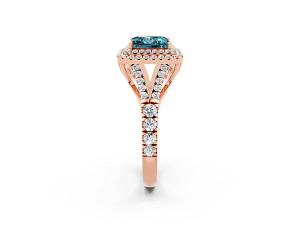 Rose gold Princess Cut Blue Topaz Double Halo Ring with Split Shank and Prong Setting