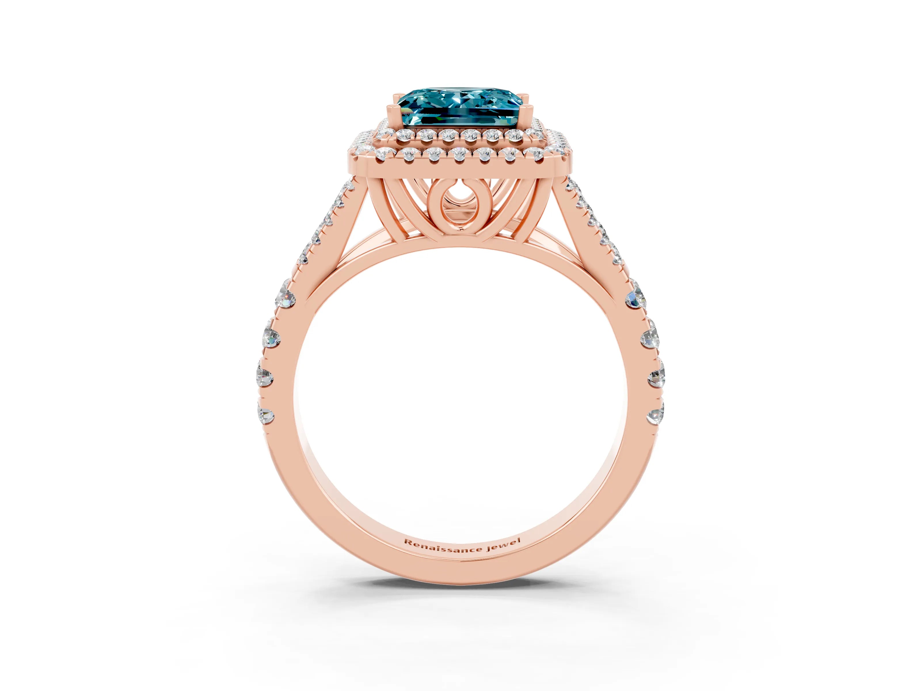 Rose gold Princess Cut Blue Topaz Double Halo Ring with Split Shank and Prong Setting_15