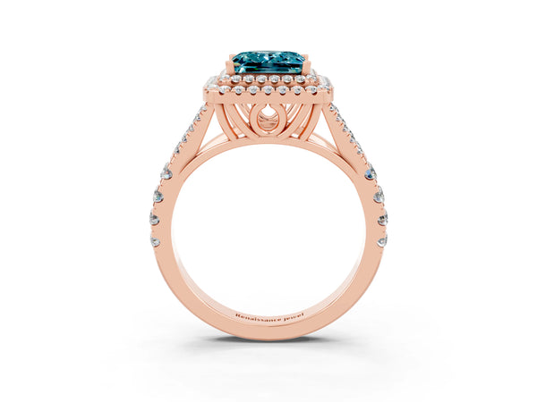 Rose gold Princess Cut Blue Topaz Double Halo Ring with Split Shank and Prong Setting