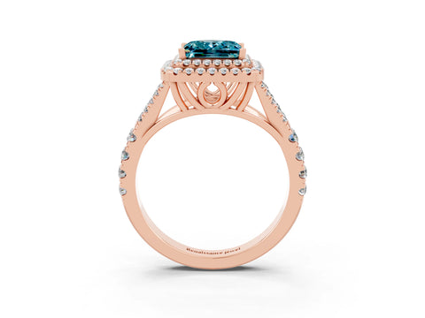 Rose gold Princess Cut Blue Topaz Double Halo Ring with Split Shank and Prong Setting_15