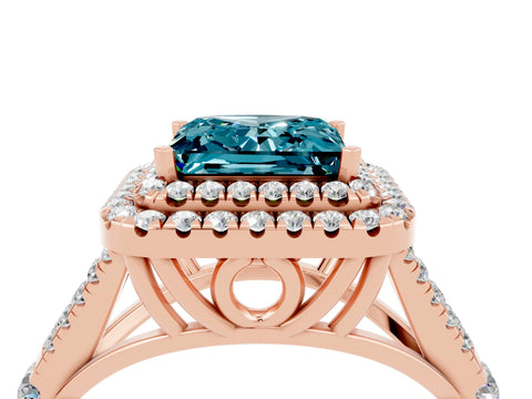 Rose gold Princess Cut Blue Topaz Double Halo Ring with Split Shank and Prong Setting_16