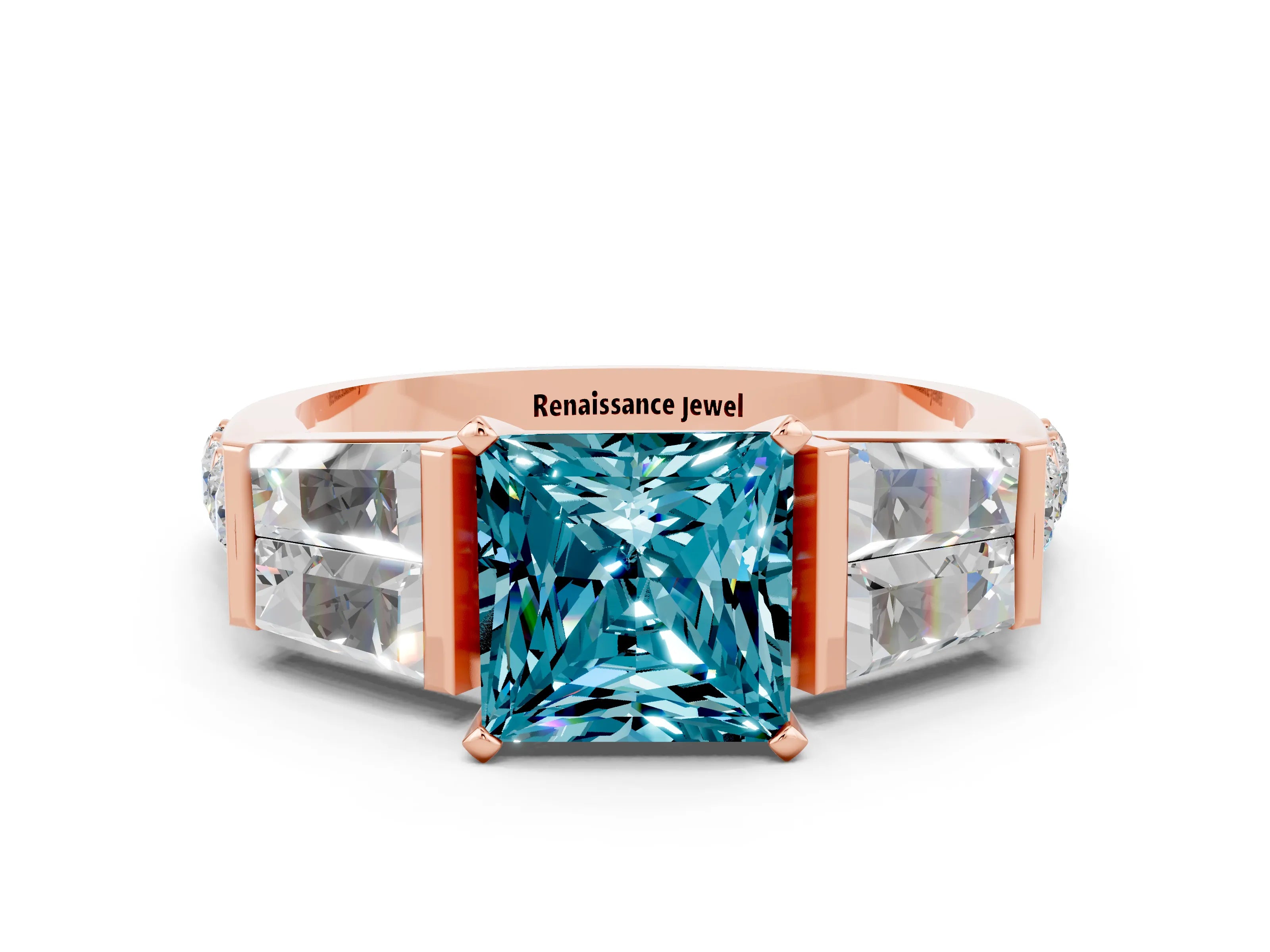 Rose gold Princess Cut Blue Topaz Engagement Ring with Baguette Side Stones and Channel Set Band