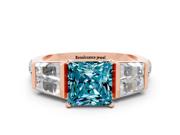 Rose gold Princess Cut Blue Topaz Engagement Ring with Baguette Side Stones and Channel Set Band