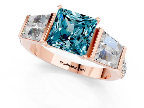 Rose gold Princess Cut Blue Topaz Engagement Ring with Baguette Side Stones and Channel Set Band_1