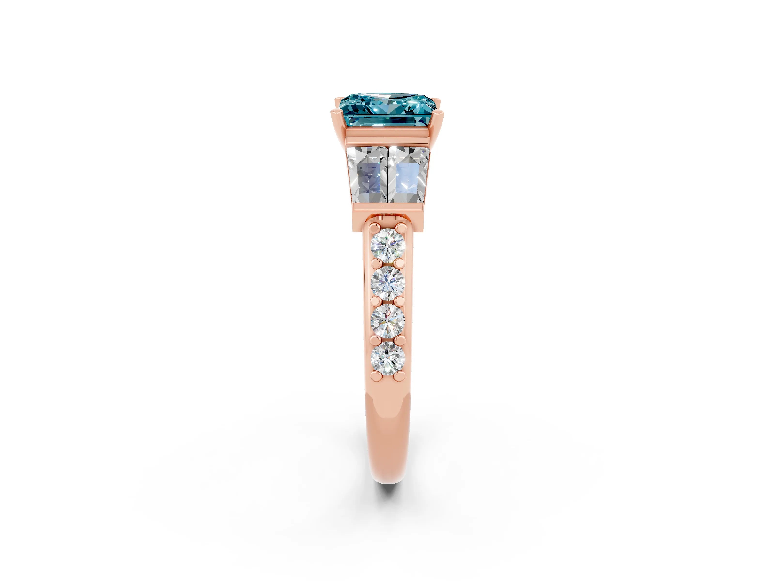 Rose gold Princess Cut Blue Topaz Engagement Ring with Baguette Side Stones and Channel Set Band_2
