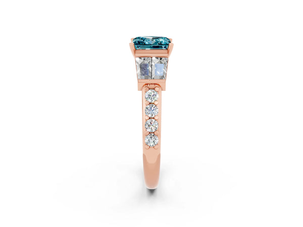 Rose gold Princess Cut Blue Topaz Engagement Ring with Baguette Side Stones and Channel Set Band