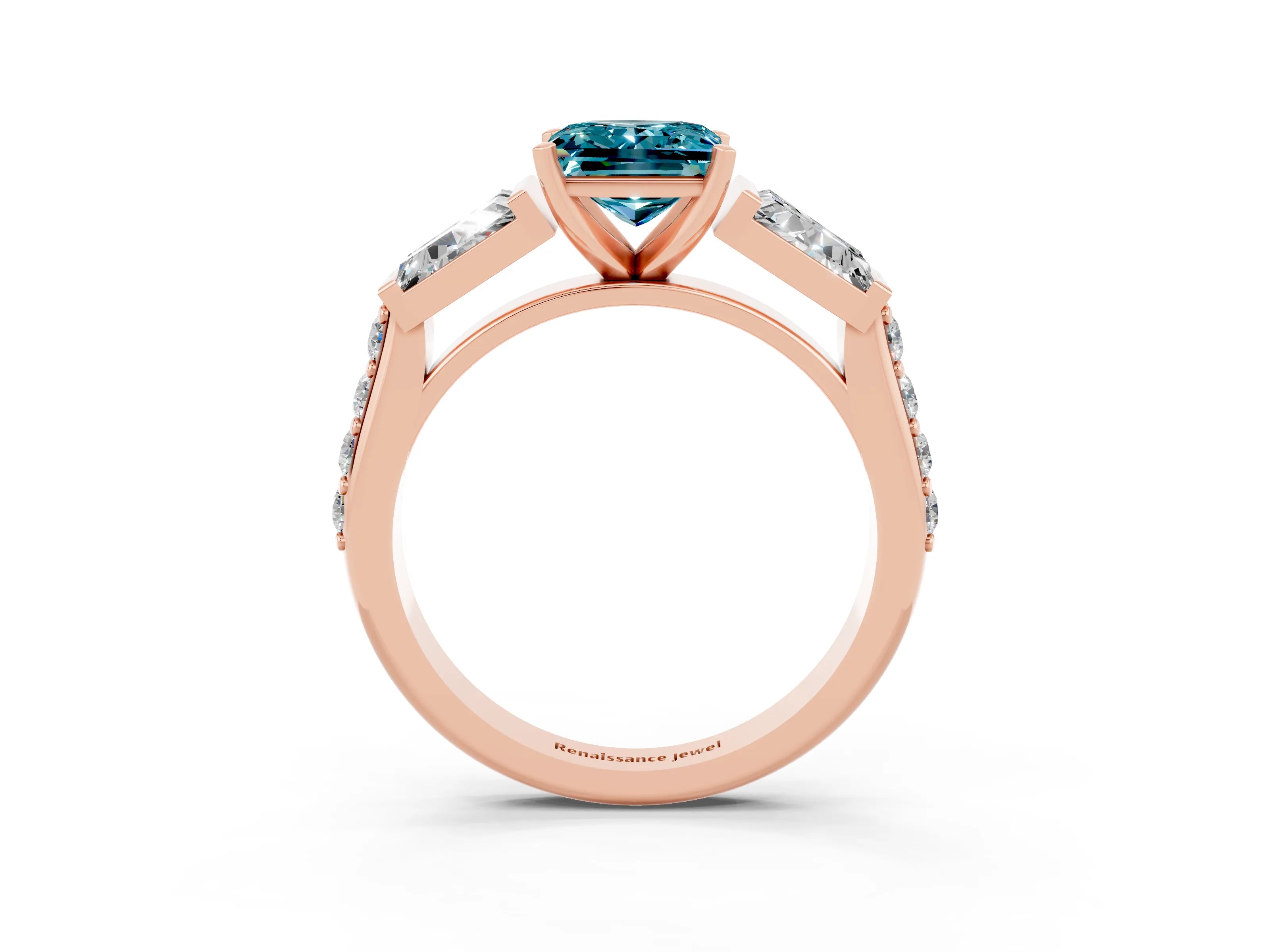 Rose gold Princess Cut Blue Topaz Engagement Ring with Baguette Side Stones and Channel Set Band_3