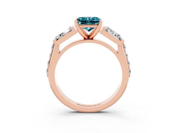 Rose gold Princess Cut Blue Topaz Engagement Ring with Baguette Side Stones and Channel Set Band