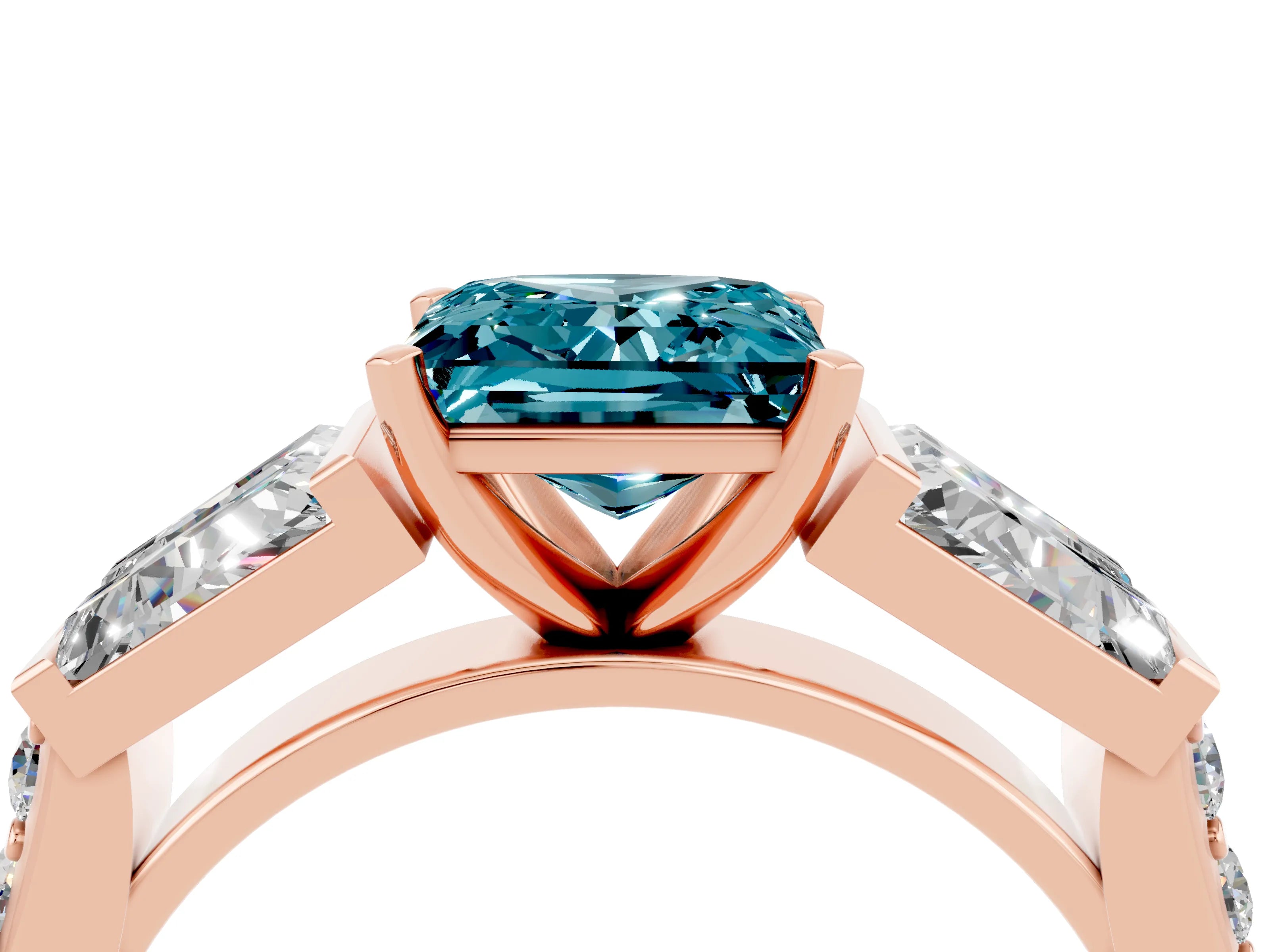 Rose gold Princess Cut Blue Topaz Engagement Ring with Baguette Side Stones and Channel Set Band_4