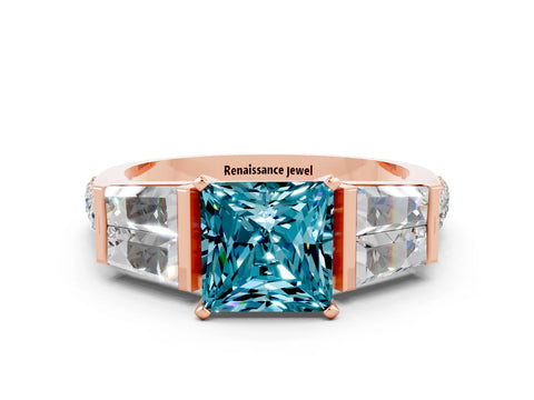 Rose gold Princess Cut Blue Topaz Engagement Ring with Baguette Side Stones and Channel Set Band