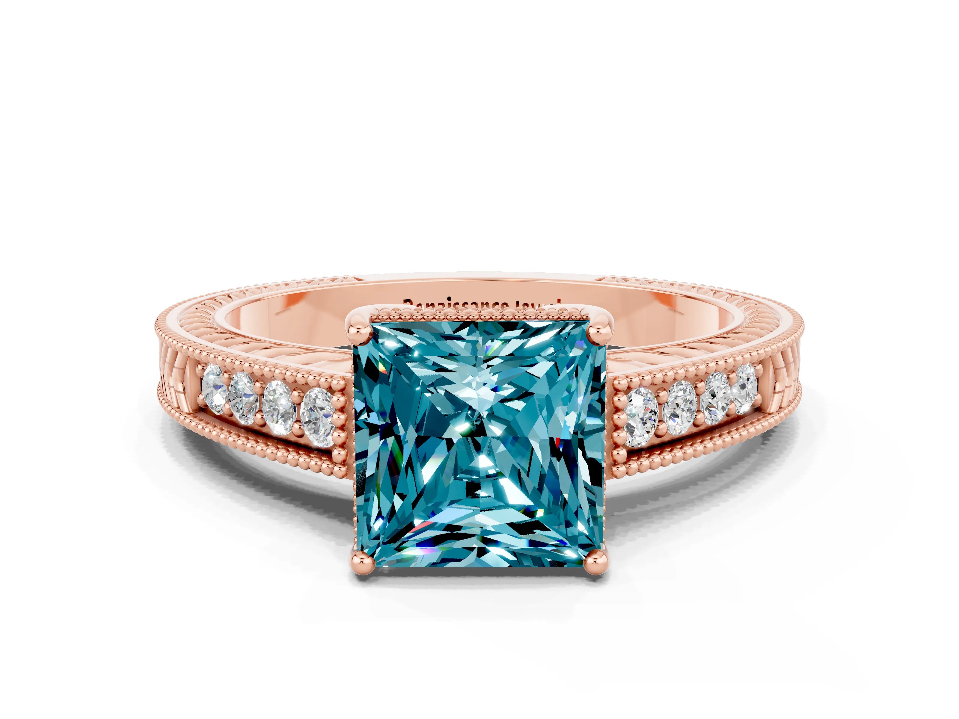 Rose gold Princess Cut Blue Topaz Engagement Ring with Milgrain Channel Set Band and Prong Setting