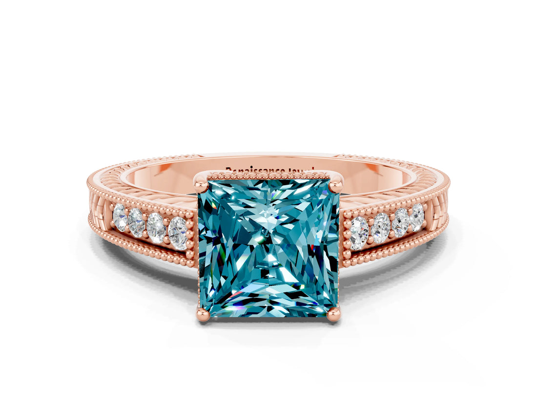 Rose gold Princess Cut Blue Topaz Engagement Ring with Milgrain Channel Set Band and Prong Setting