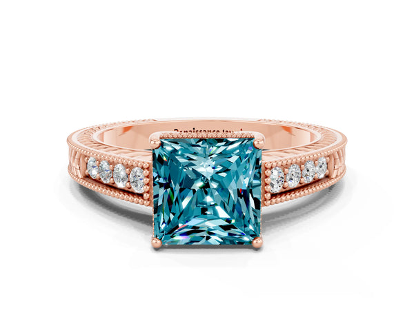 Rose gold Princess Cut Blue Topaz Engagement Ring with Milgrain Channel Set Band and Prong Setting