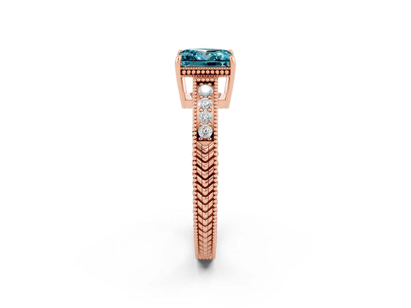 Rose gold Princess Cut Blue Topaz Engagement Ring with Milgrain Channel Set Band and Prong Setting