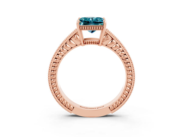Rose gold Princess Cut Blue Topaz Engagement Ring with Milgrain Channel Set Band and Prong Setting