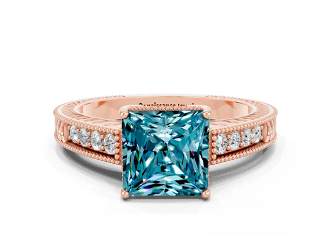 Rose gold Princess Cut Blue Topaz Engagement Ring with Milgrain Channel Set Band and Prong Setting