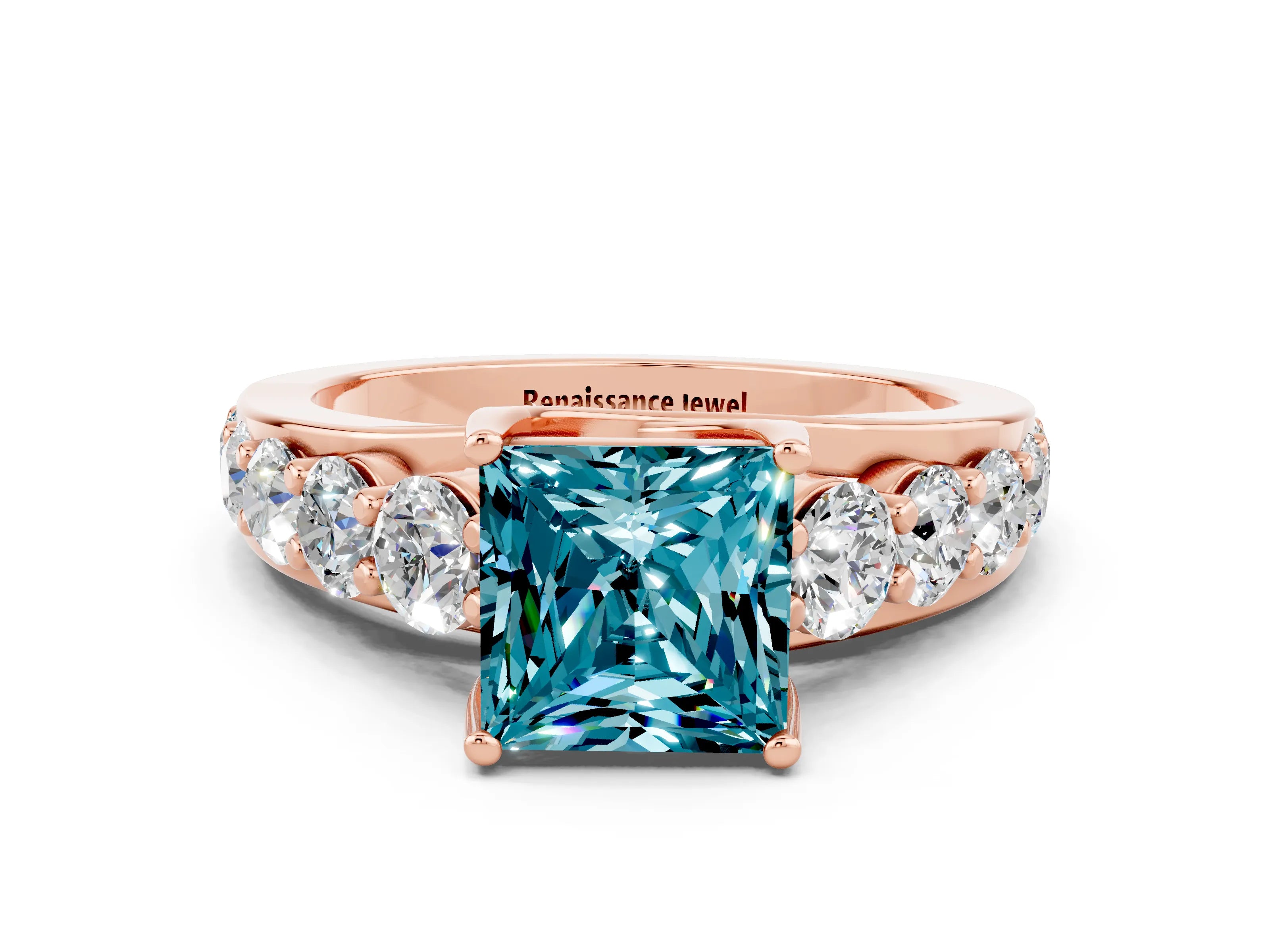 Rose gold Princess Cut Blue Topaz Engagement Ring with Pavé Band and Four-Prong Setting