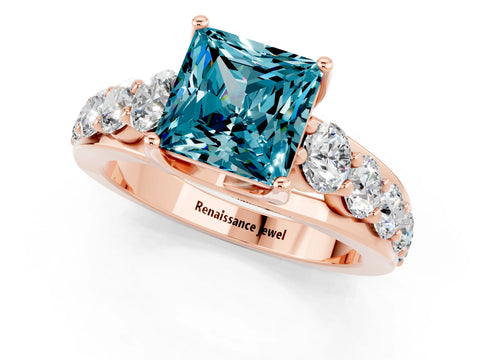 Rose gold Princess Cut Blue Topaz Engagement Ring with Pavé Band and Four-Prong Setting_1