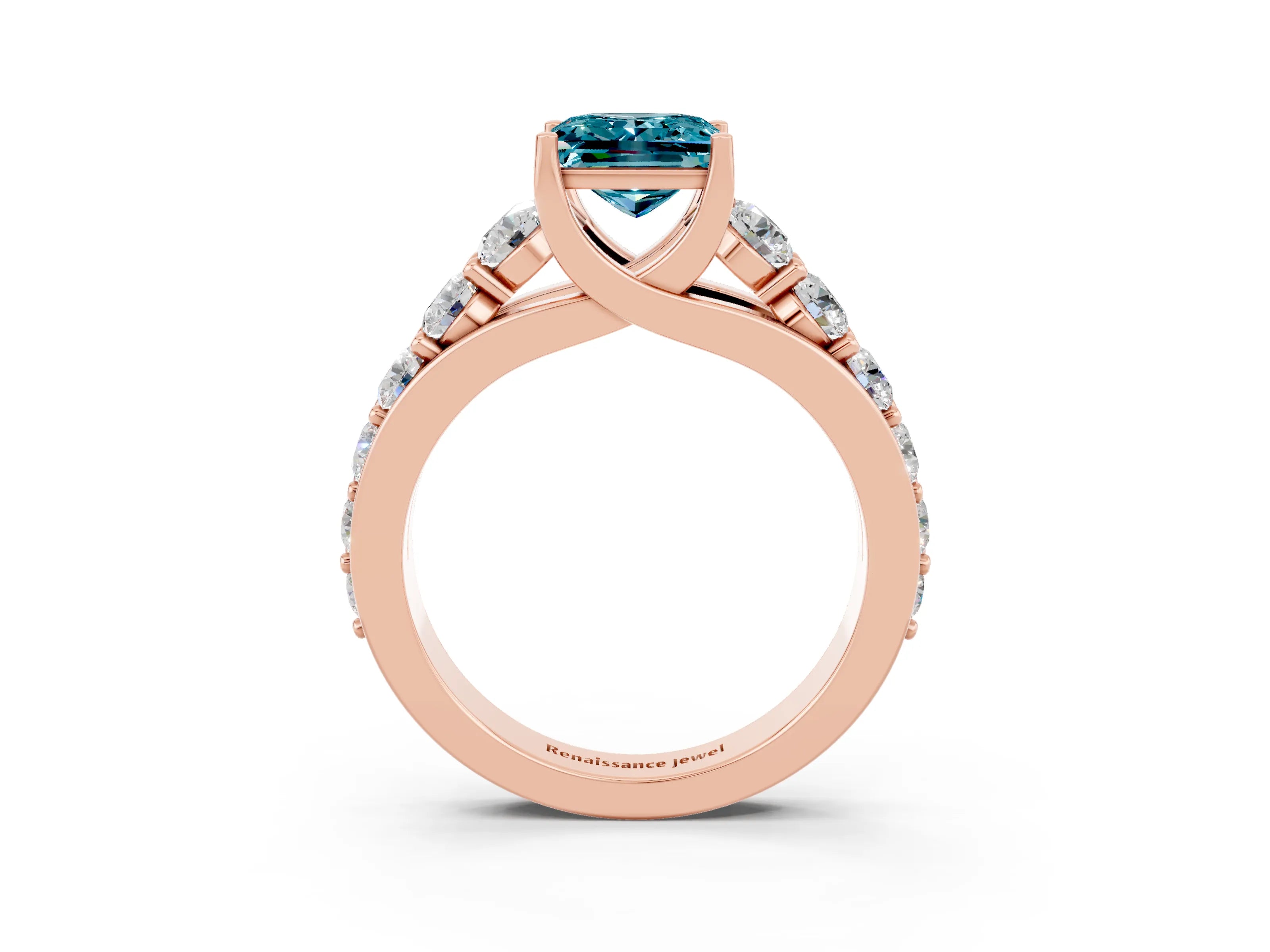 Rose gold Princess Cut Blue Topaz Engagement Ring with Pavé Band and Four-Prong Setting_3