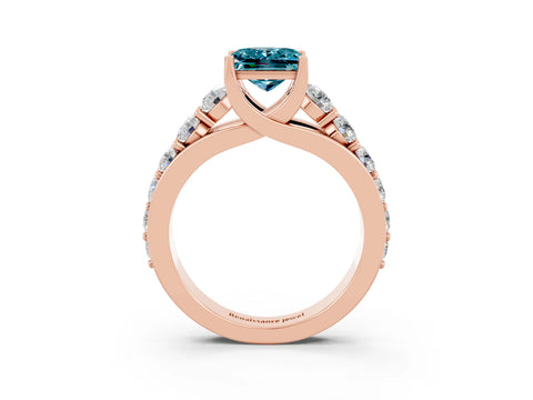 Rose gold Princess Cut Blue Topaz Engagement Ring with Pavé Band and Four-Prong Setting_3
