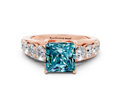 Rose gold Princess Cut Blue Topaz Engagement Ring with Pavé Band and Four-Prong Setting