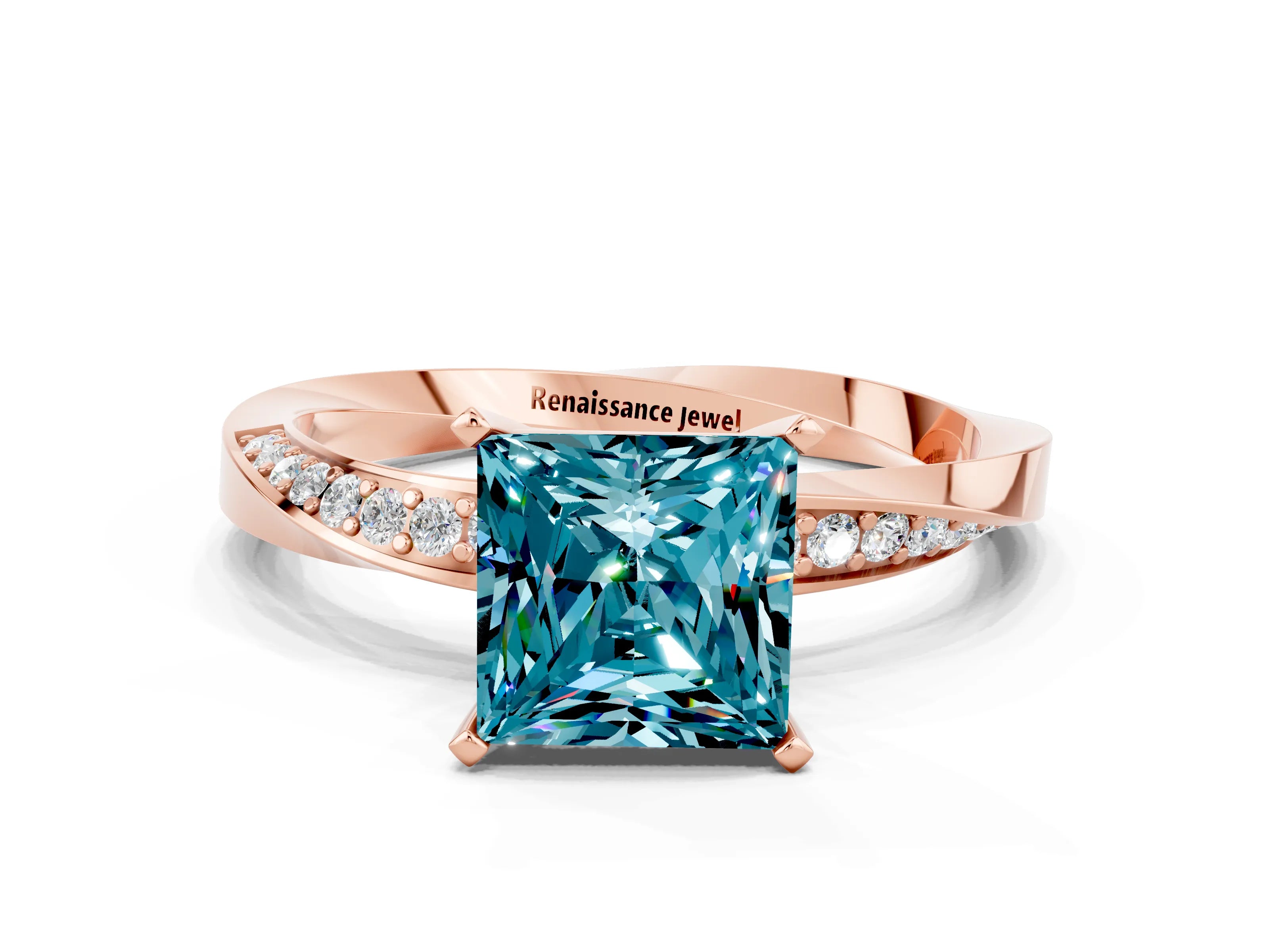 Rose gold Princess Cut Blue Topaz Engagement Ring with Side Stone Accents and Four-Prong Setting_39