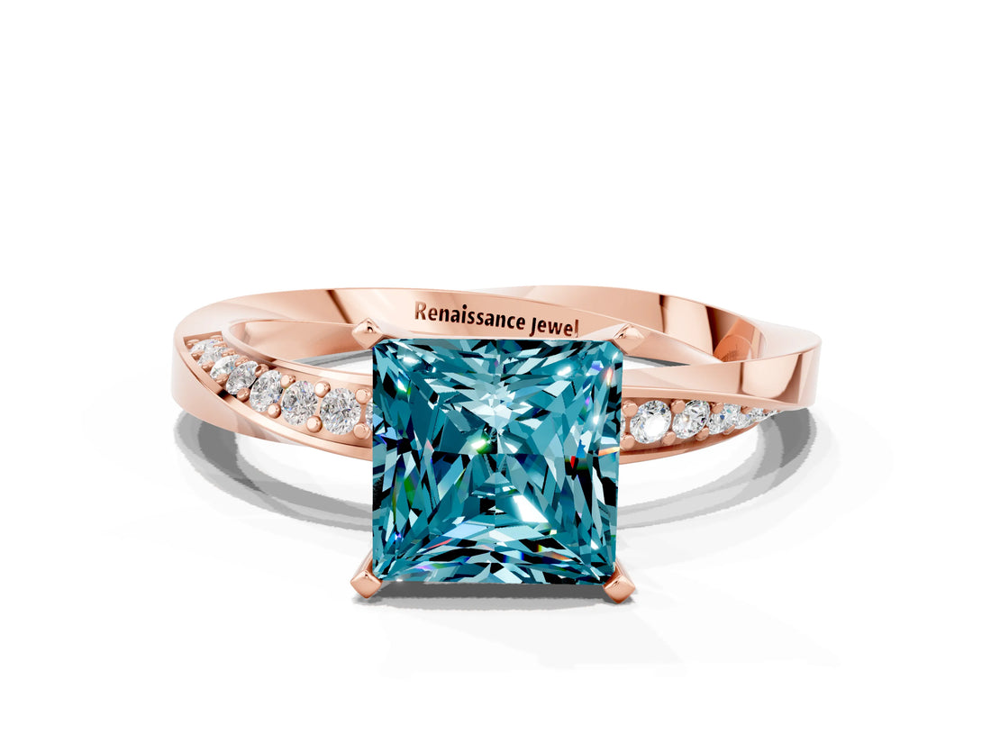 Rose gold Princess Cut Blue Topaz Engagement Ring with Side Stone Accents and Four-Prong Setting_60