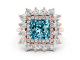 Rose gold Princess Cut Blue Topaz Floral Double Halo Engagement Ring with Prong Setting_73