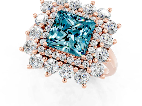 Rose gold Princess Cut Blue Topaz Floral Double Halo Engagement Ring with Prong Setting