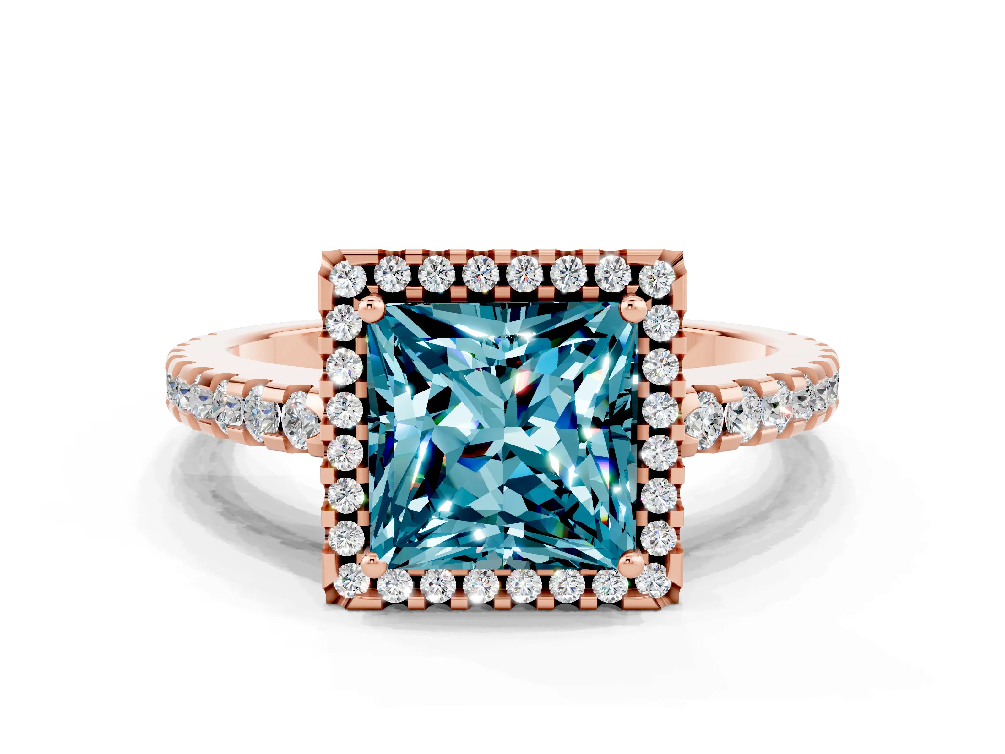 Rose gold Princess Cut Blue Topaz Halo Engagement Ring with Pavé Band and Prong Setting_24