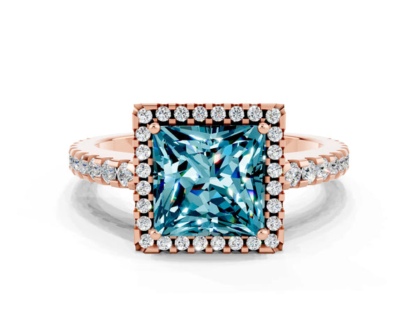 Rose gold Princess Cut Blue Topaz Halo Engagement Ring with Pavé Band and Prong Setting