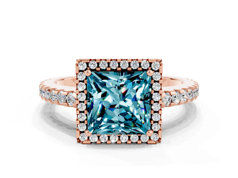 Rose gold Princess Cut Blue Topaz Halo Engagement Ring with Pavé Band and Prong Setting_24