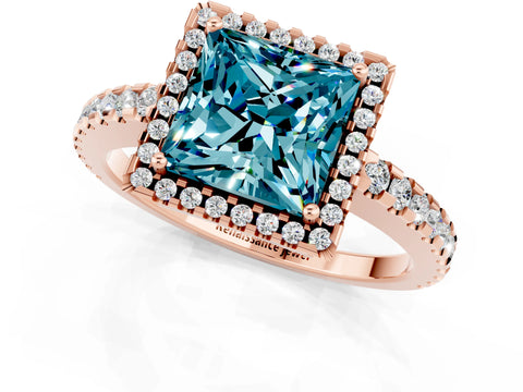 Rose gold Princess Cut Blue Topaz Halo Engagement Ring with Pavé Band and Prong Setting_25