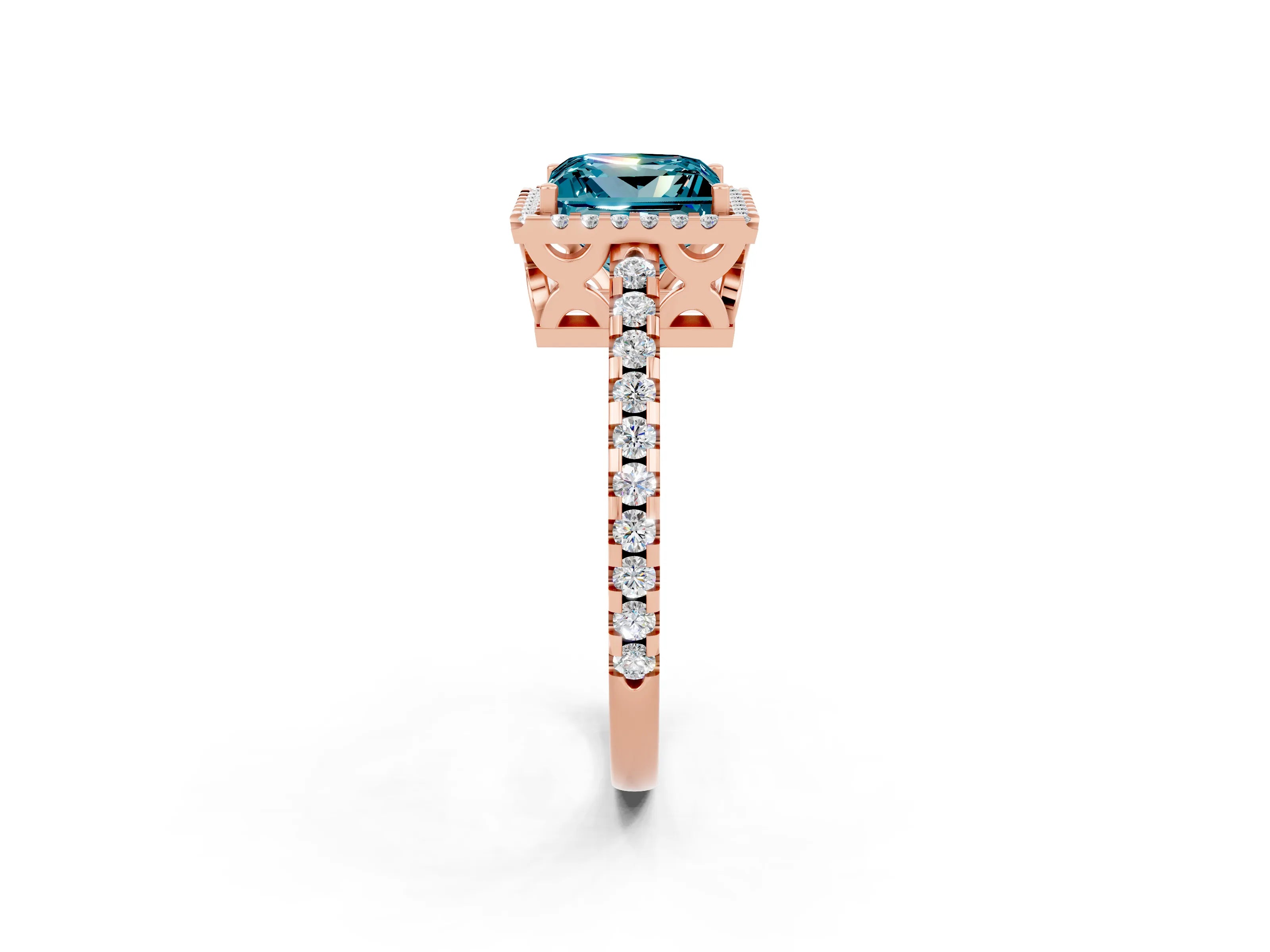 Rose gold Princess Cut Blue Topaz Halo Engagement Ring with Pavé Band and Prong Setting_26