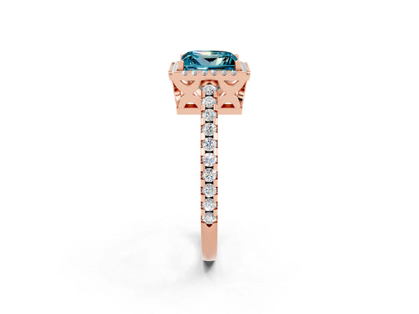 Rose gold Princess Cut Blue Topaz Halo Engagement Ring with Pavé Band and Prong Setting