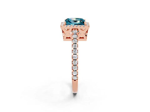 Rose gold Princess Cut Blue Topaz Halo Engagement Ring with Pavé Band and Prong Setting_26