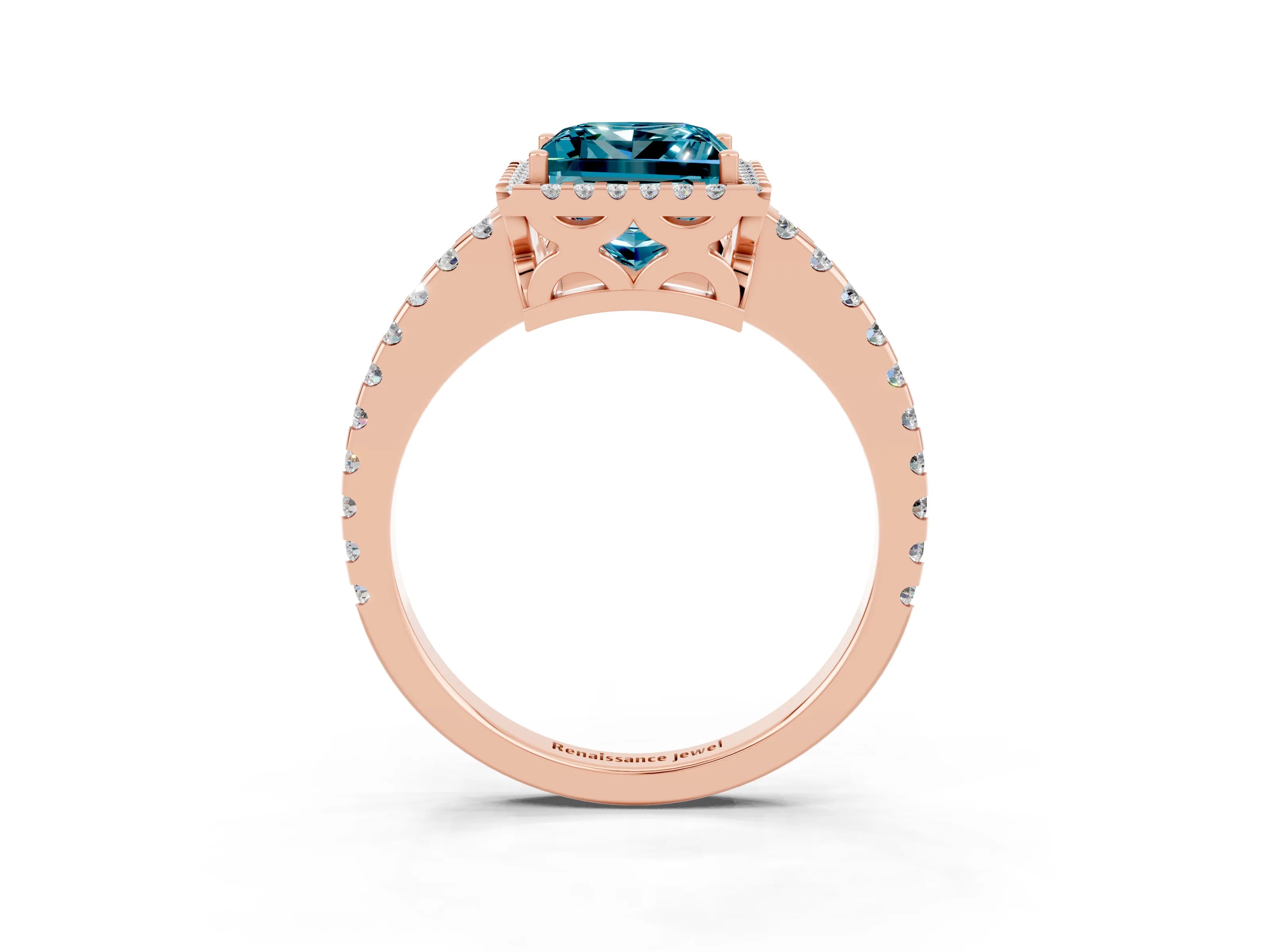 Rose gold Princess Cut Blue Topaz Halo Engagement Ring with Pavé Band and Prong Setting_27