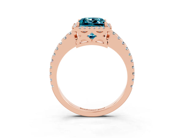 Rose gold Princess Cut Blue Topaz Halo Engagement Ring with Pavé Band and Prong Setting