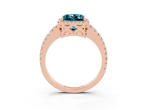 Rose gold Princess Cut Blue Topaz Halo Engagement Ring with Pavé Band and Prong Setting_27