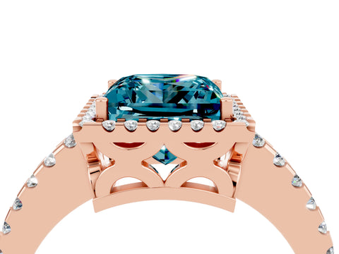 Rose gold Princess Cut Blue Topaz Halo Engagement Ring with Pavé Band and Prong Setting_28