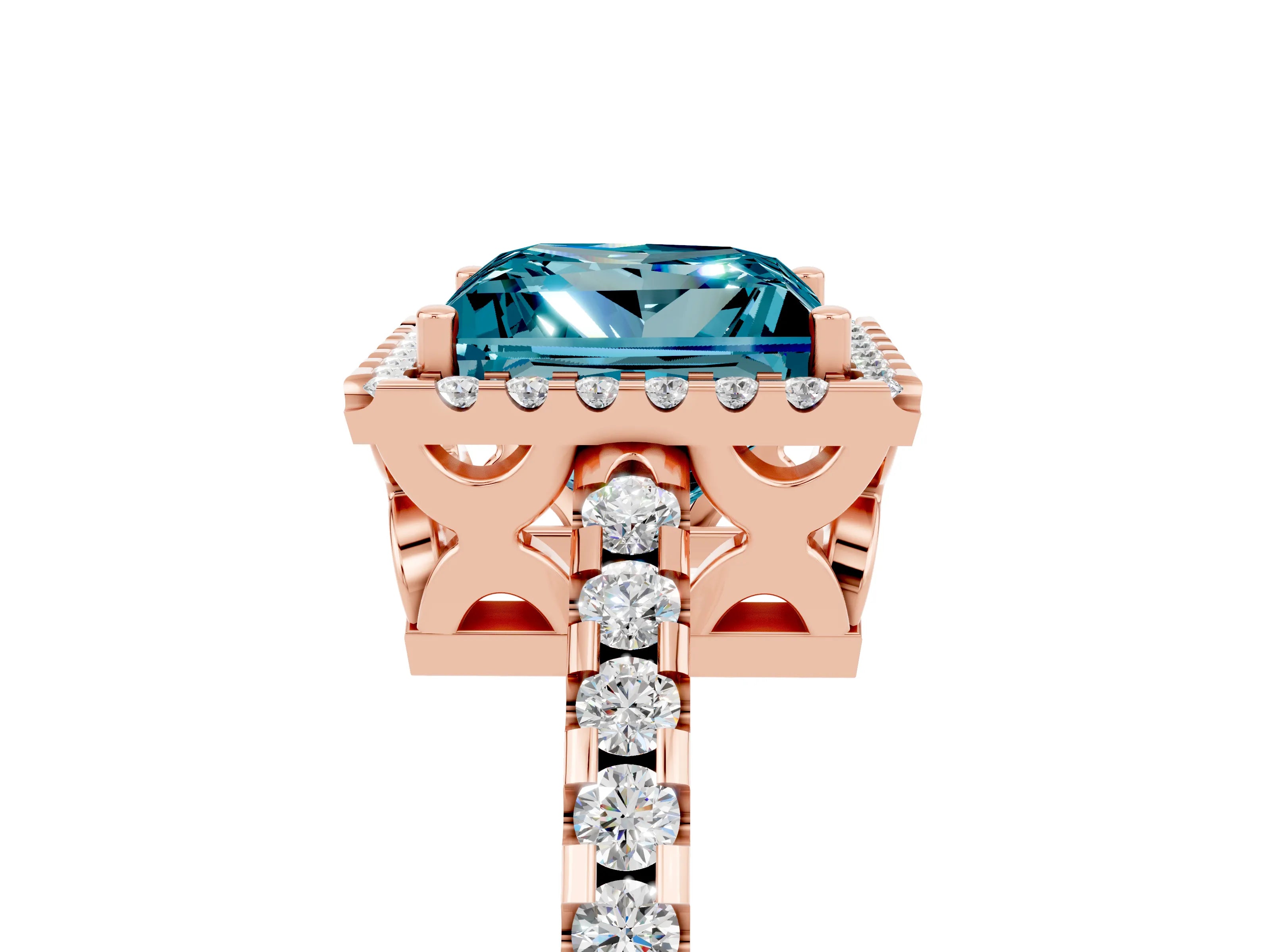 Rose gold Princess Cut Blue Topaz Halo Engagement Ring with Pavé Band and Prong Setting_29