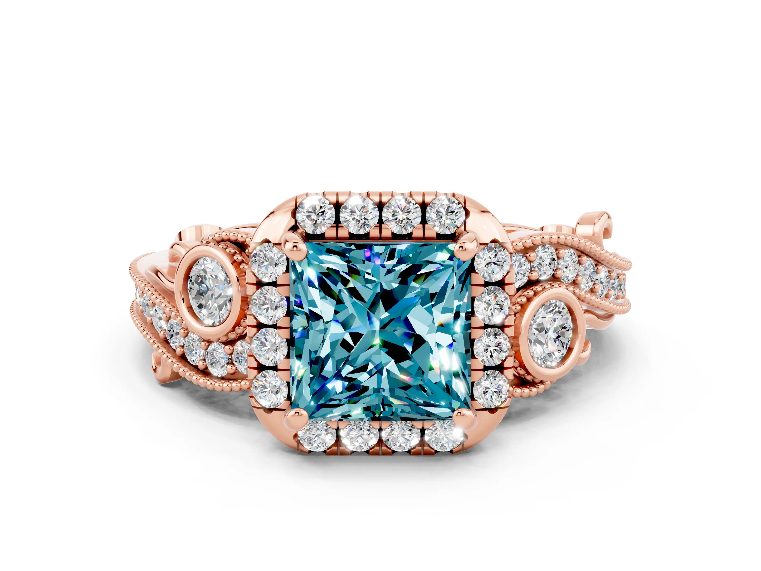 Rose gold Princess Cut Blue Topaz Halo Ring with Milgrain Pavé Band and Four-Prong Setting_12