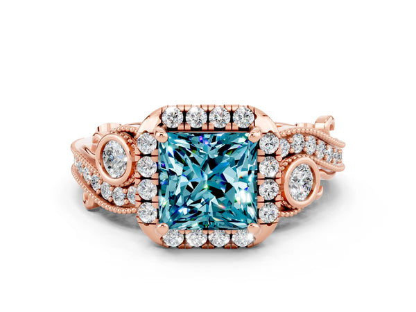 Rose gold Princess Cut Blue Topaz Halo Ring with Milgrain Pavé Band and Four-Prong Setting