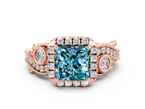Rose gold Princess Cut Blue Topaz Halo Ring with Milgrain Pavé Band and Four-Prong Setting_12