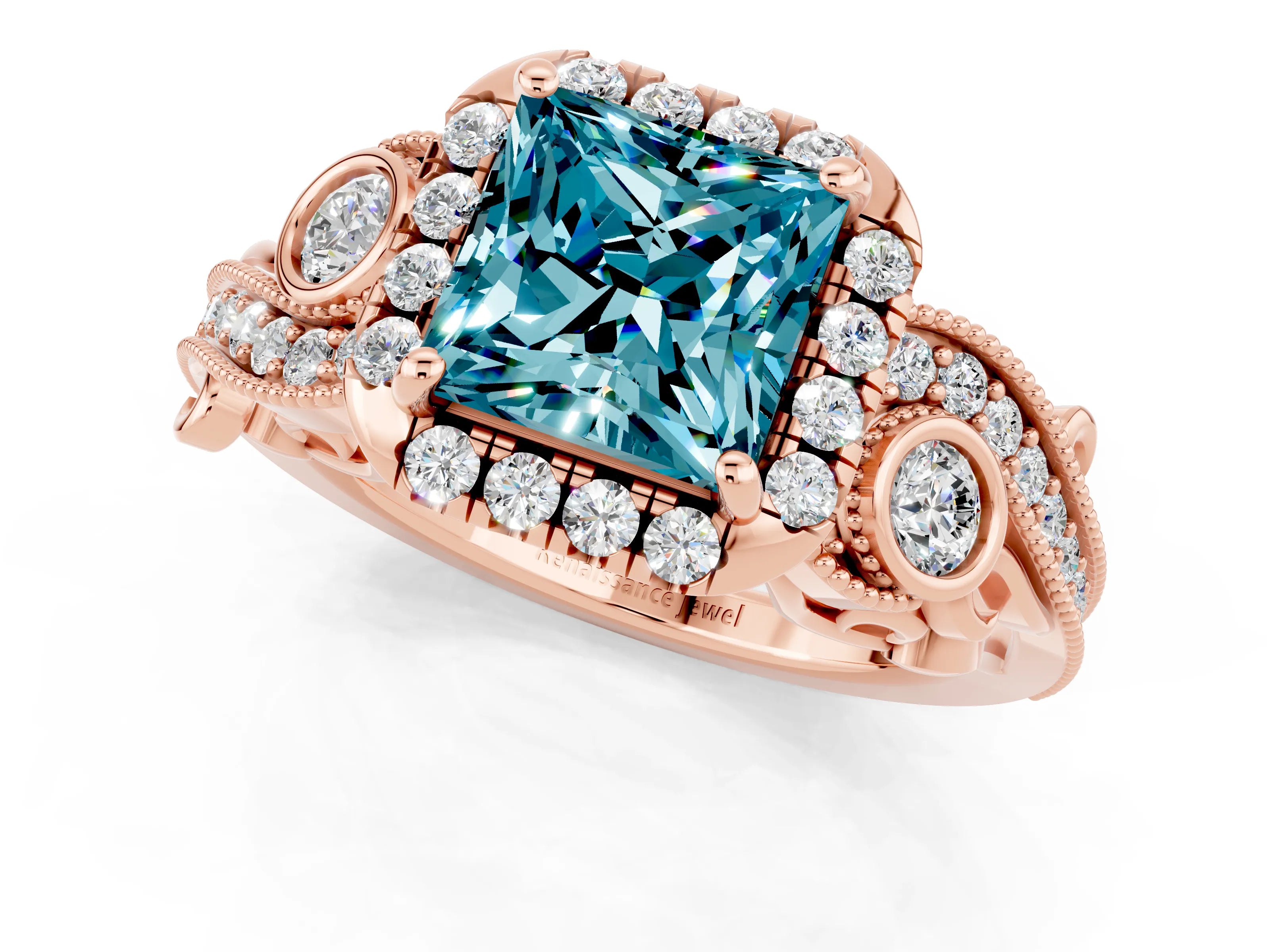 Rose gold Princess Cut Blue Topaz Halo Ring with Milgrain Pavé Band and Four-Prong Setting_13
