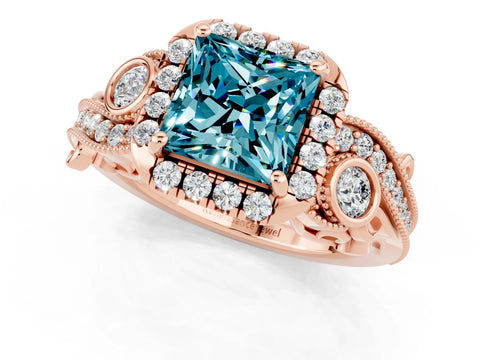 Rose gold Princess Cut Blue Topaz Halo Ring with Milgrain Pavé Band and Four-Prong Setting_13