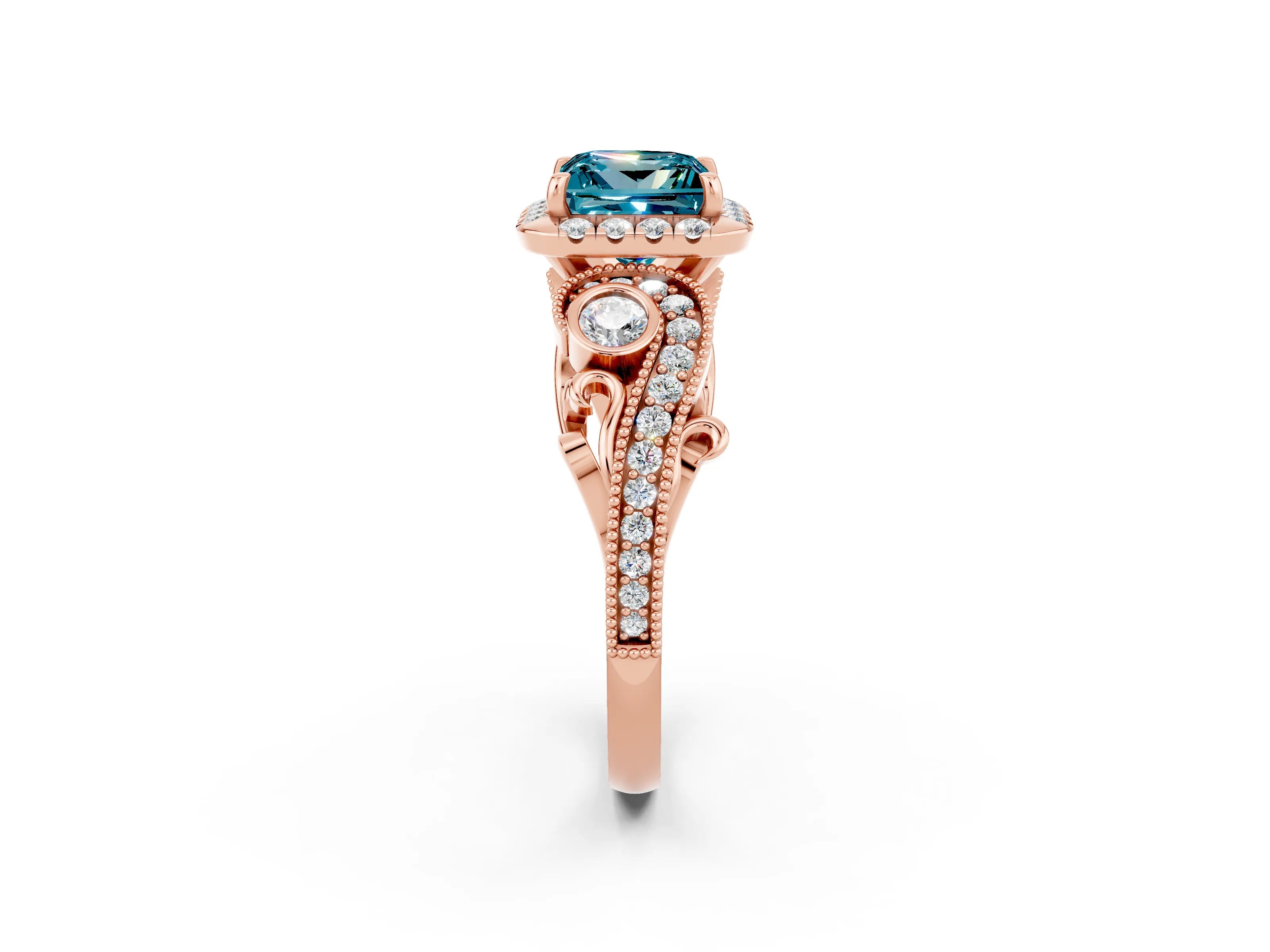 Rose gold Princess Cut Blue Topaz Halo Ring with Milgrain Pavé Band and Four-Prong Setting_14