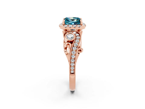 Rose gold Princess Cut Blue Topaz Halo Ring with Milgrain Pavé Band and Four-Prong Setting_14