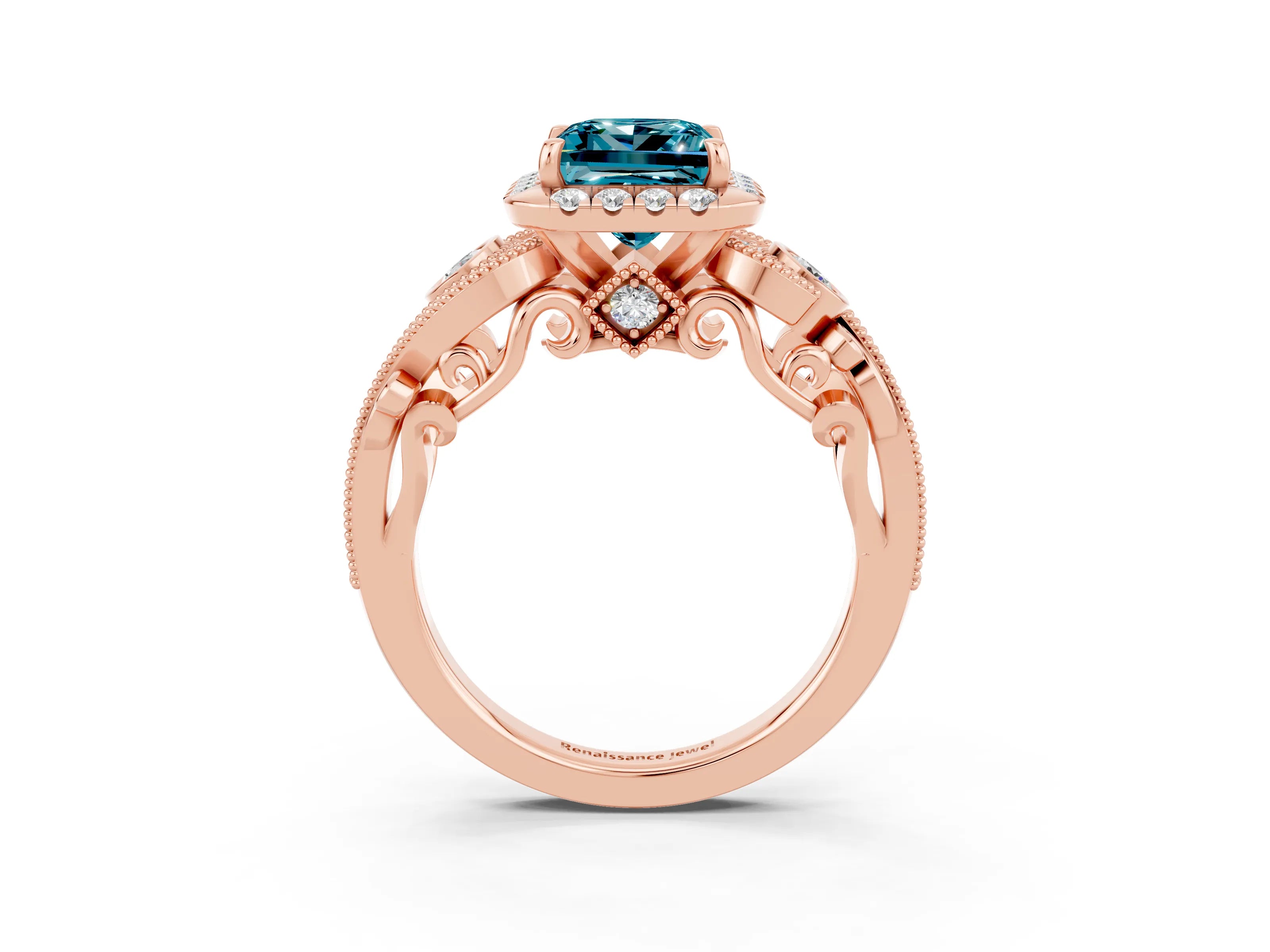 Rose gold Princess Cut Blue Topaz Halo Ring with Milgrain Pavé Band and Four-Prong Setting_15